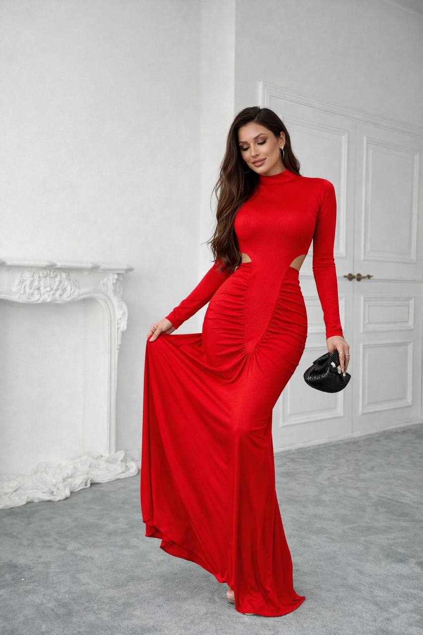 Robe Longue Moulante à Découpes Latérales et Fronces