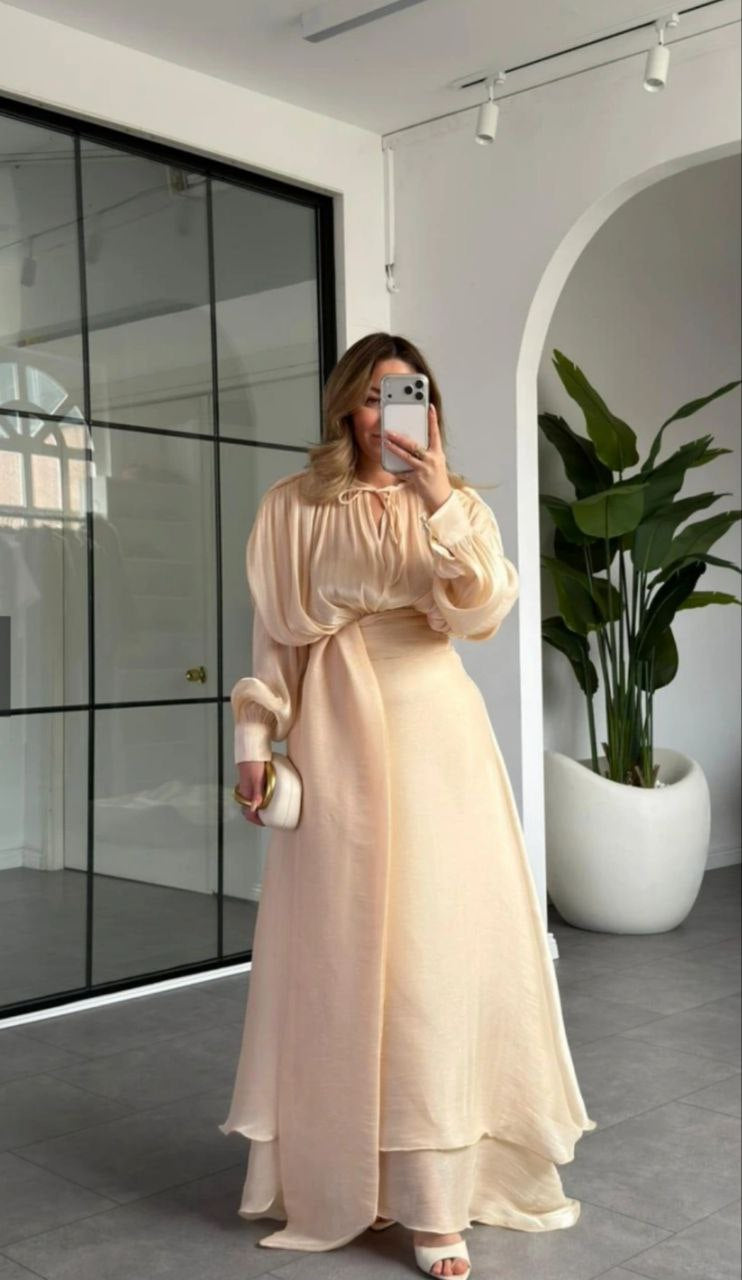 Visneli Robe Longue Plissée Satinée Manches Bouffantes À Lacets