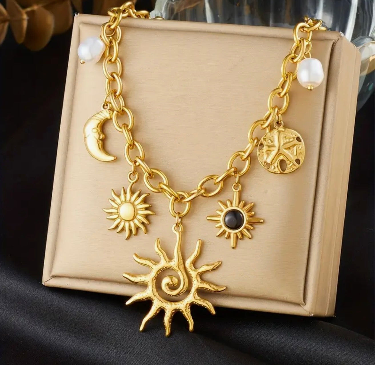 Collier Céleste Soleil Lune Perles - Acier Inoxydable 304 Doré