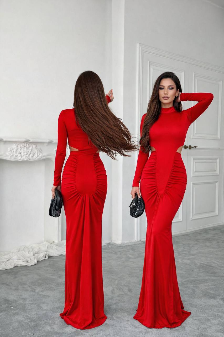 Robe Longue Moulante à Découpes Latérales et Fronces