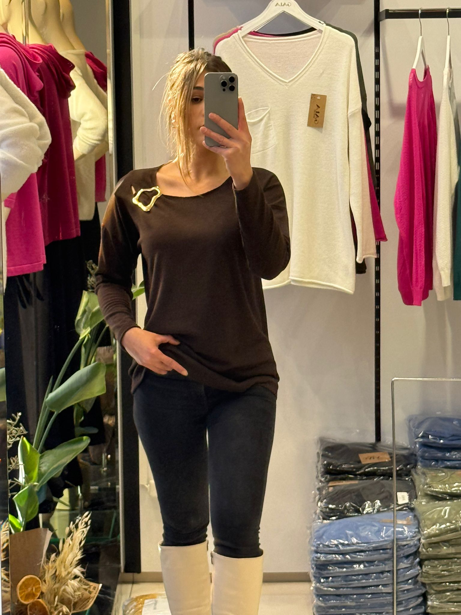 Pull Cachemire 100% Broche Dorée - Col Bateau