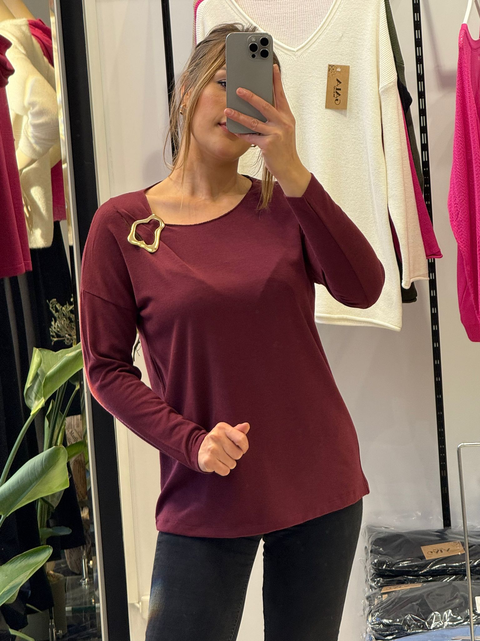 Pull Cachemire 100% Broche Dorée - Col Bateau