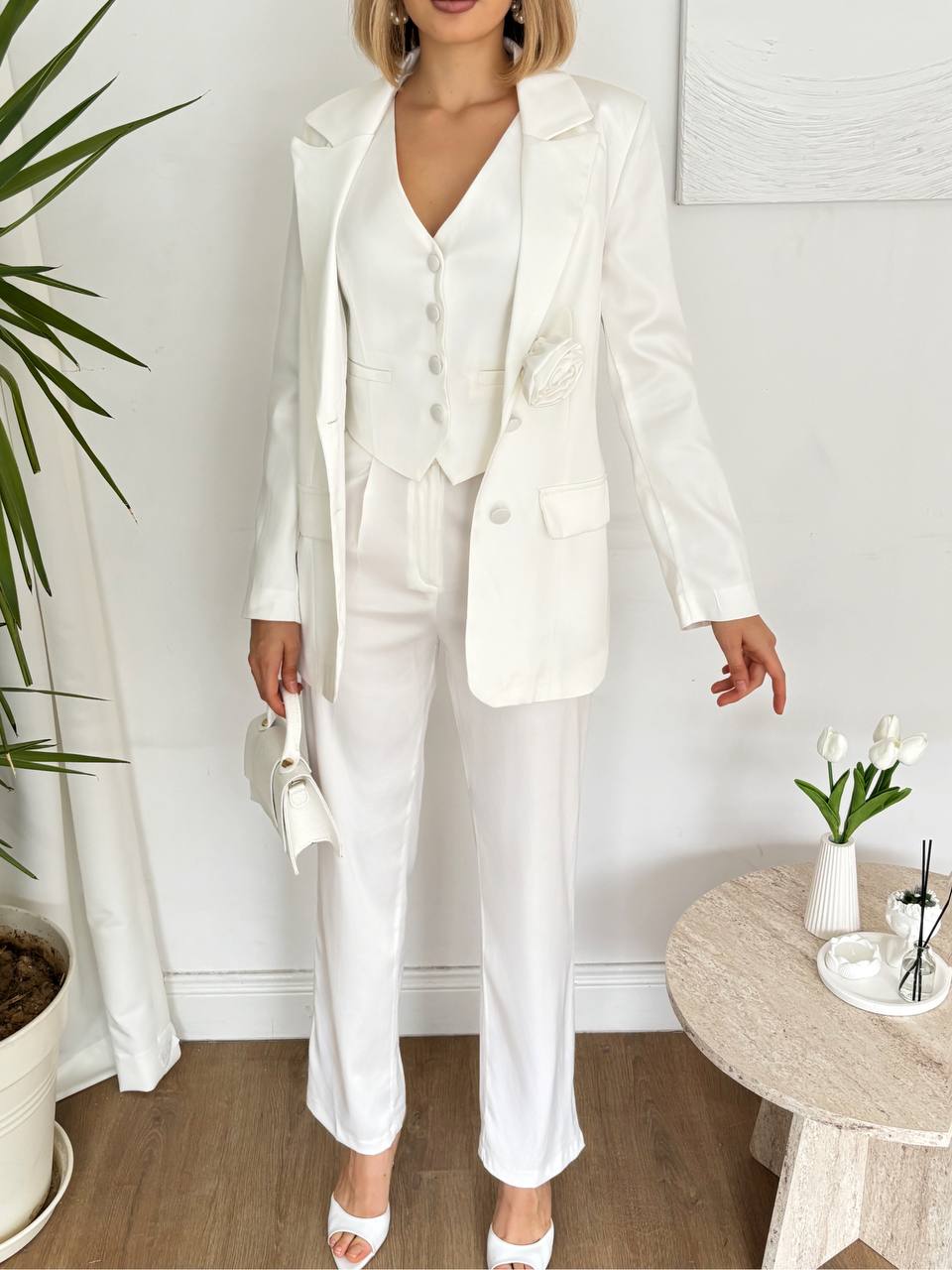 Ensemble Tailleur 3 Pièces Satin - Blazer Gilet Pantalon