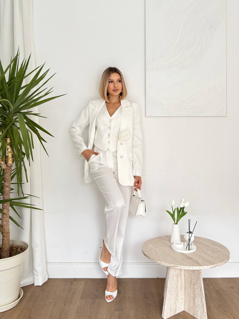 Ensemble Tailleur 3 Pièces Satin - Blazer Gilet Pantalon