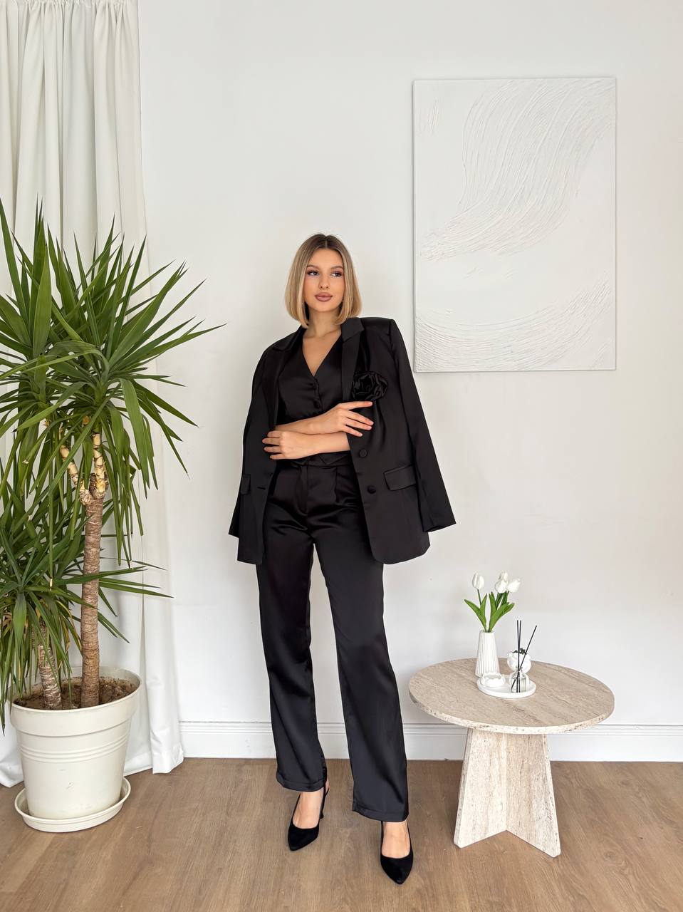 Ensemble Tailleur 3 Pièces Satin - Blazer Gilet Pantalon