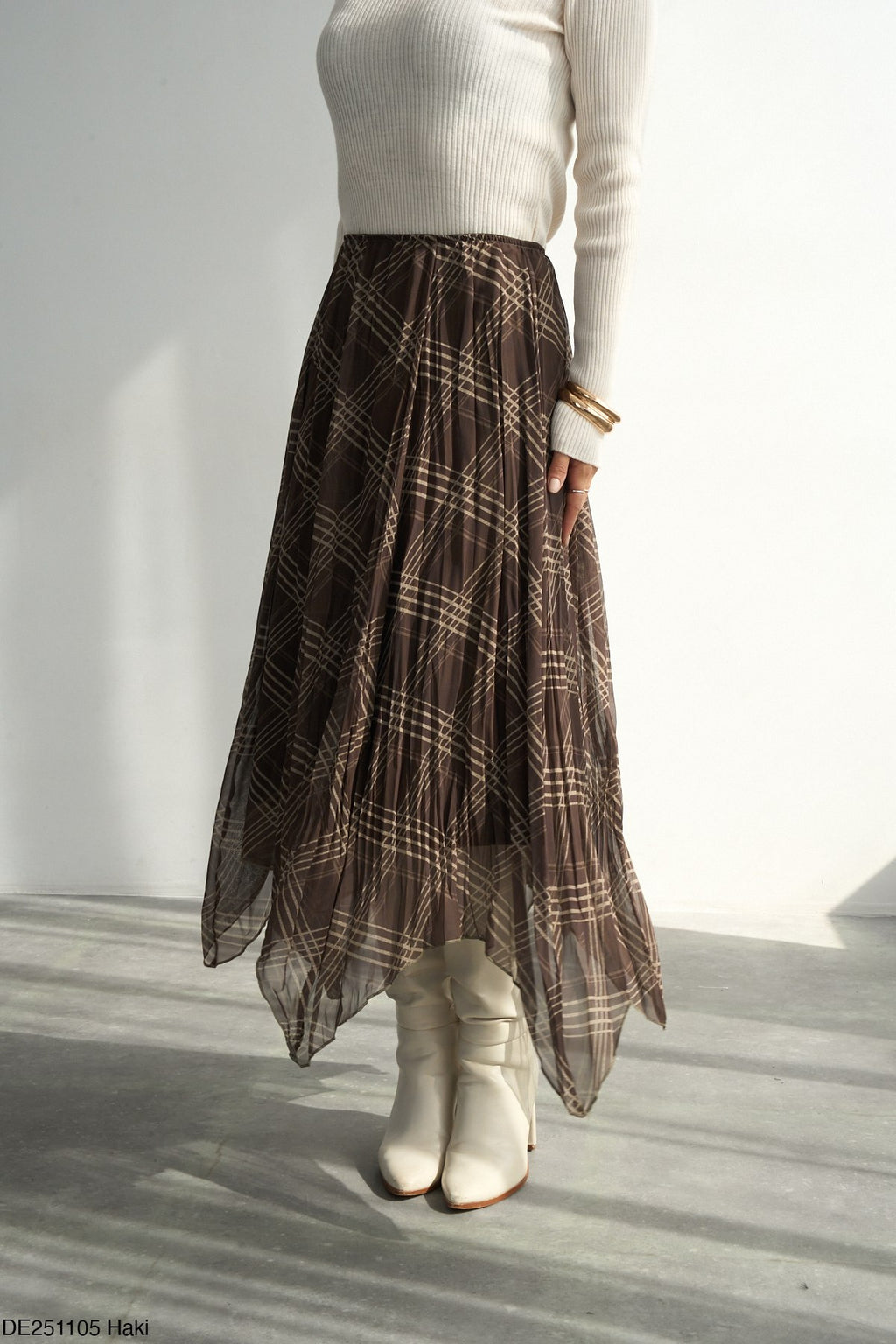 Jupe Midi Plissée à Carreaux Asymétrique