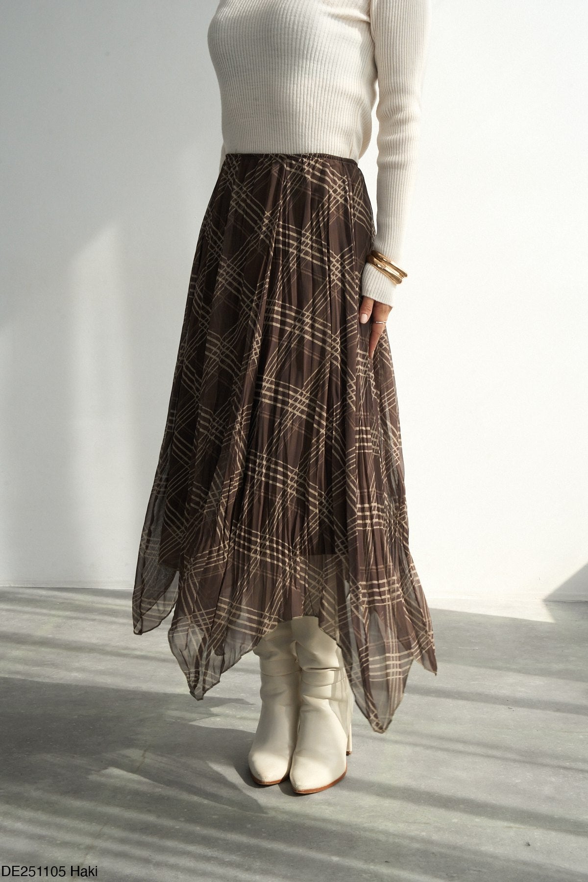 Jupe Midi Plissée à Carreaux Asymétrique