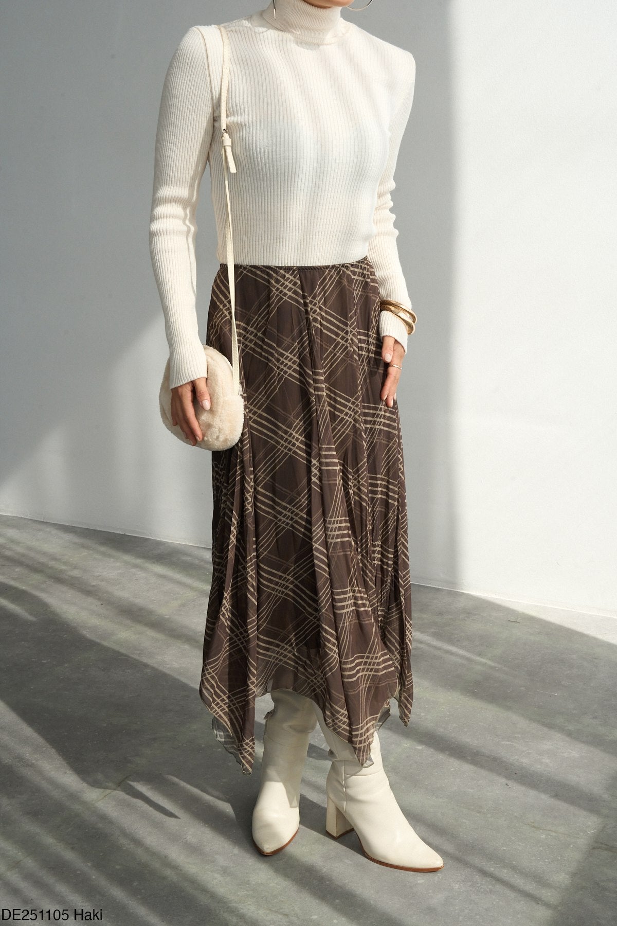 Jupe Midi Plissée à Carreaux Asymétrique