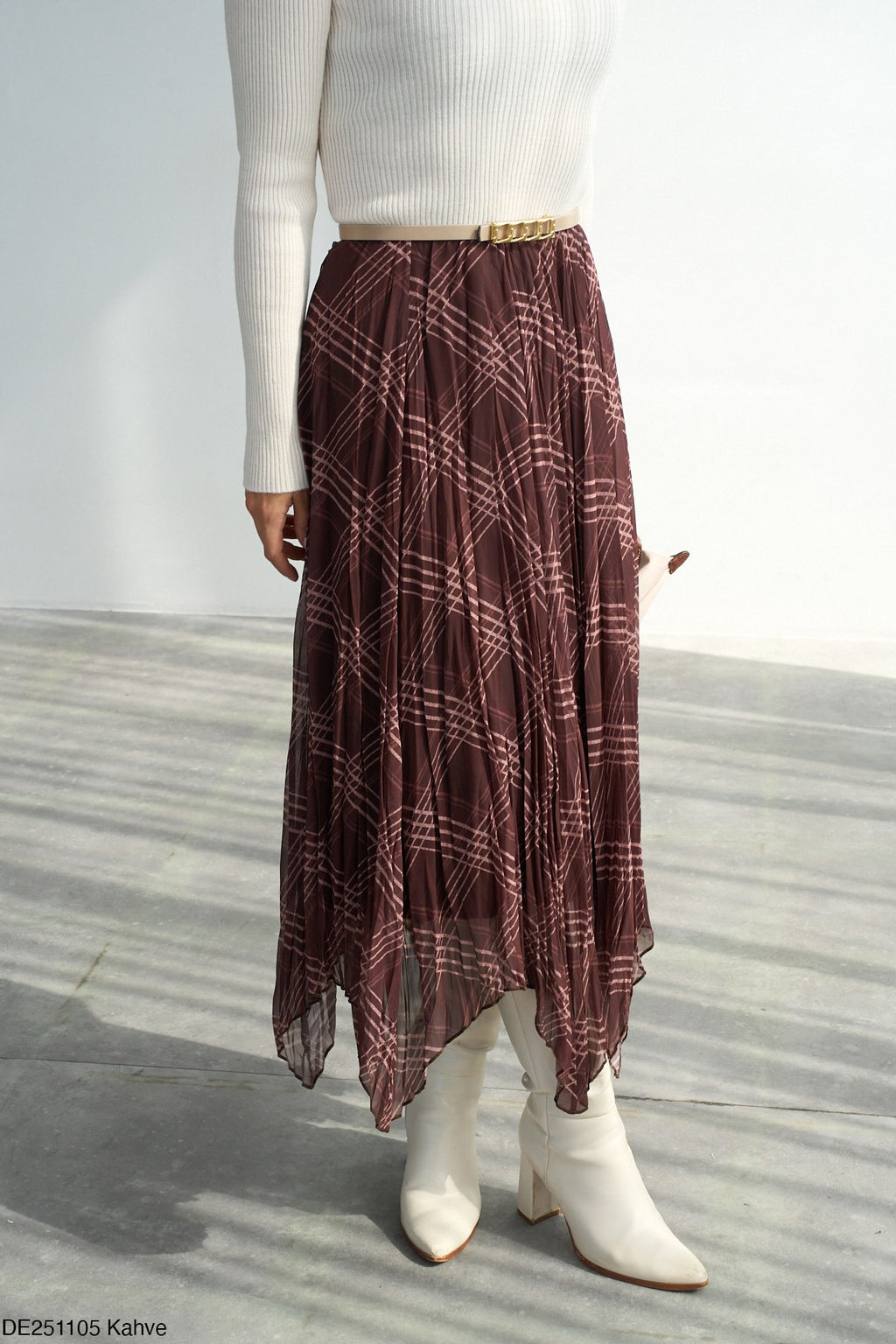 Jupe Midi Plissée à Carreaux Asymétrique