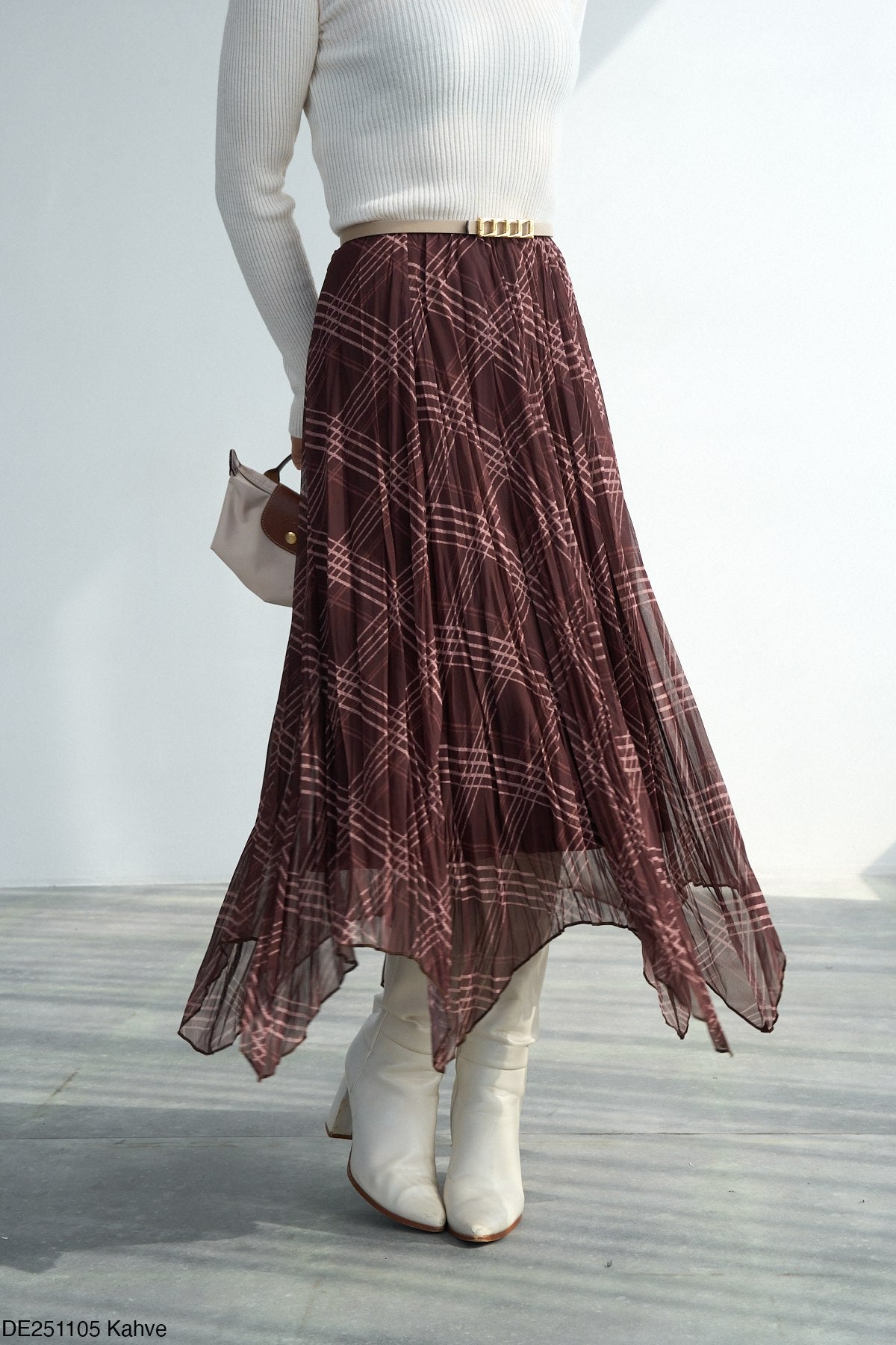 Jupe Midi Plissée à Carreaux Asymétrique