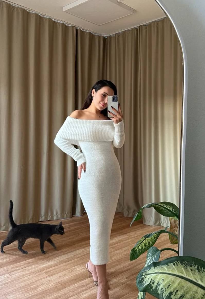 Robe Longue Épaules Dénudées Maille Duveteuse