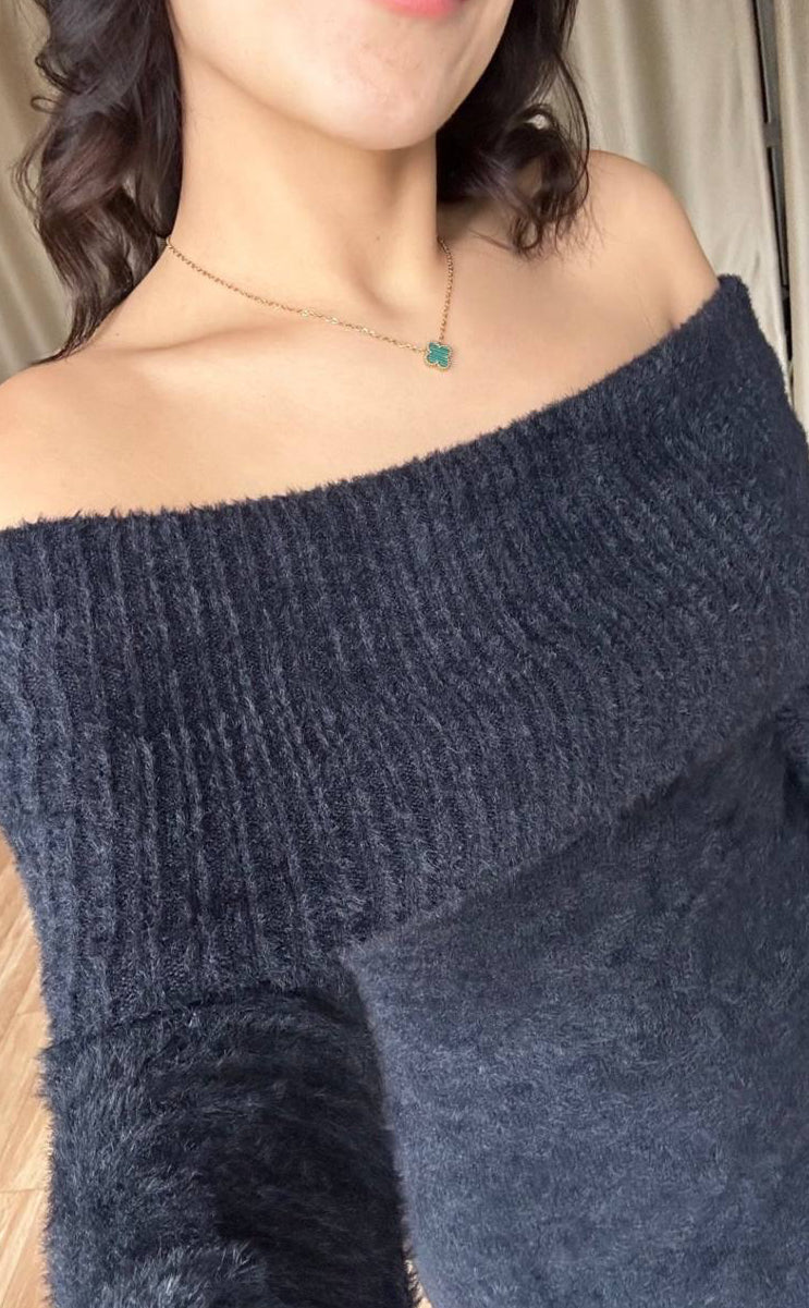 Robe Longue Épaules Dénudées Maille Duveteuse