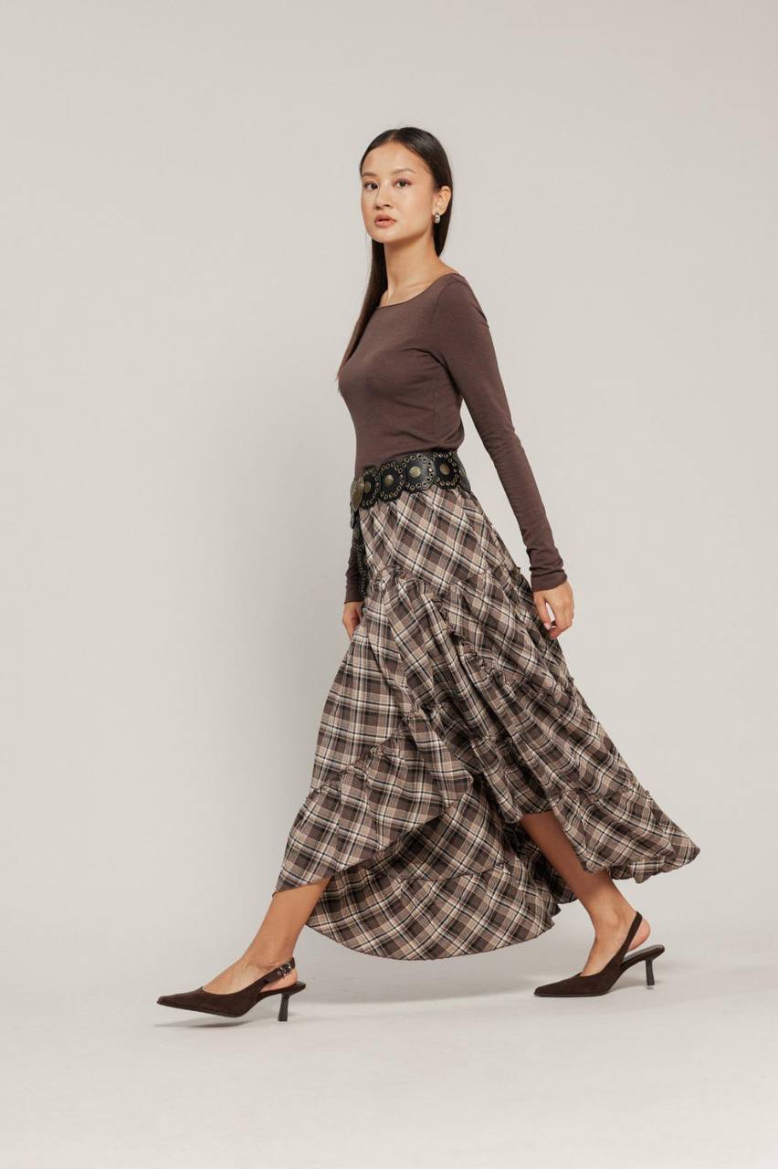 Jupe Longue à Carreaux avec Ceinture Ornée