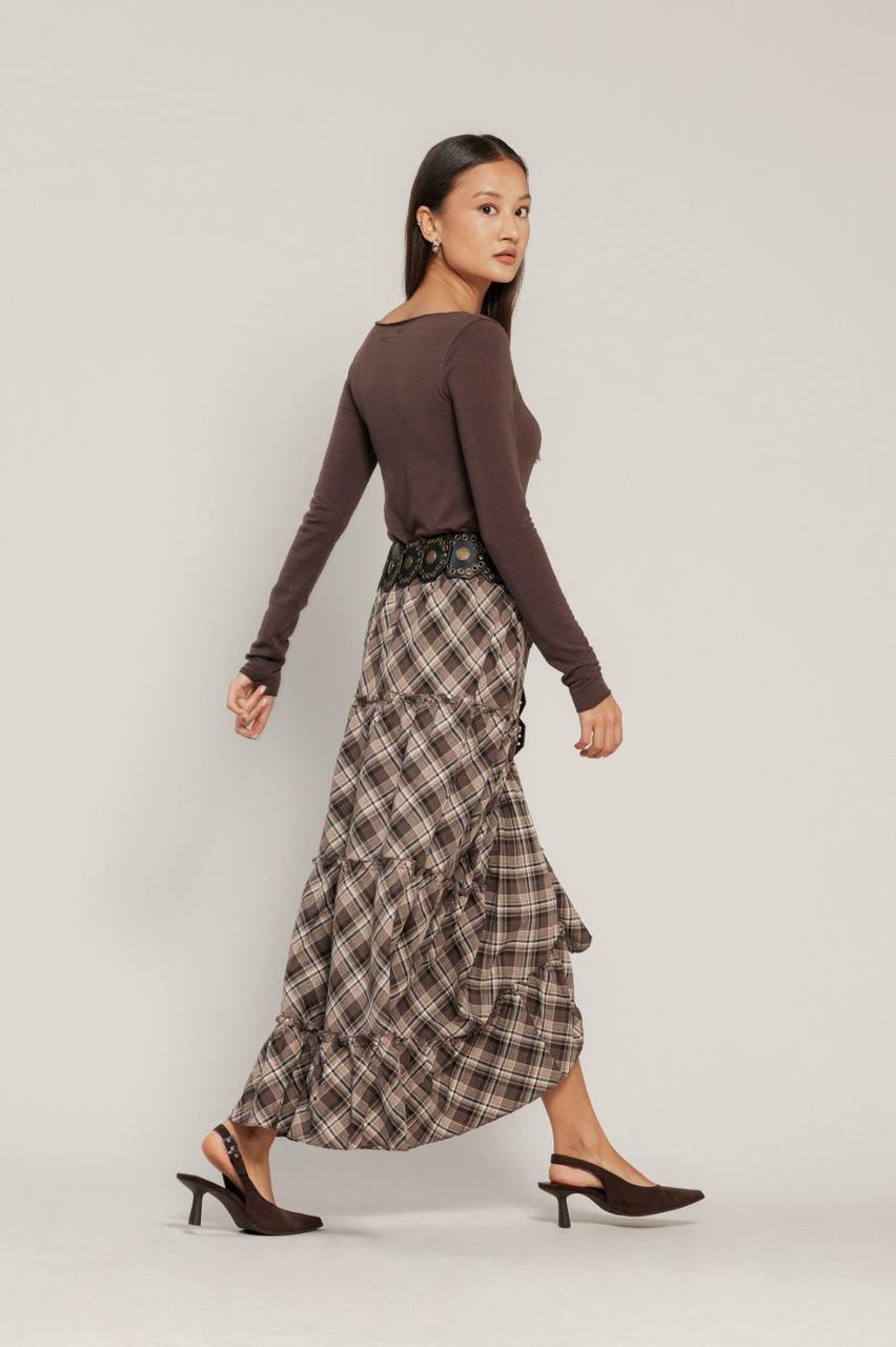 Jupe Longue à Carreaux avec Ceinture Ornée
