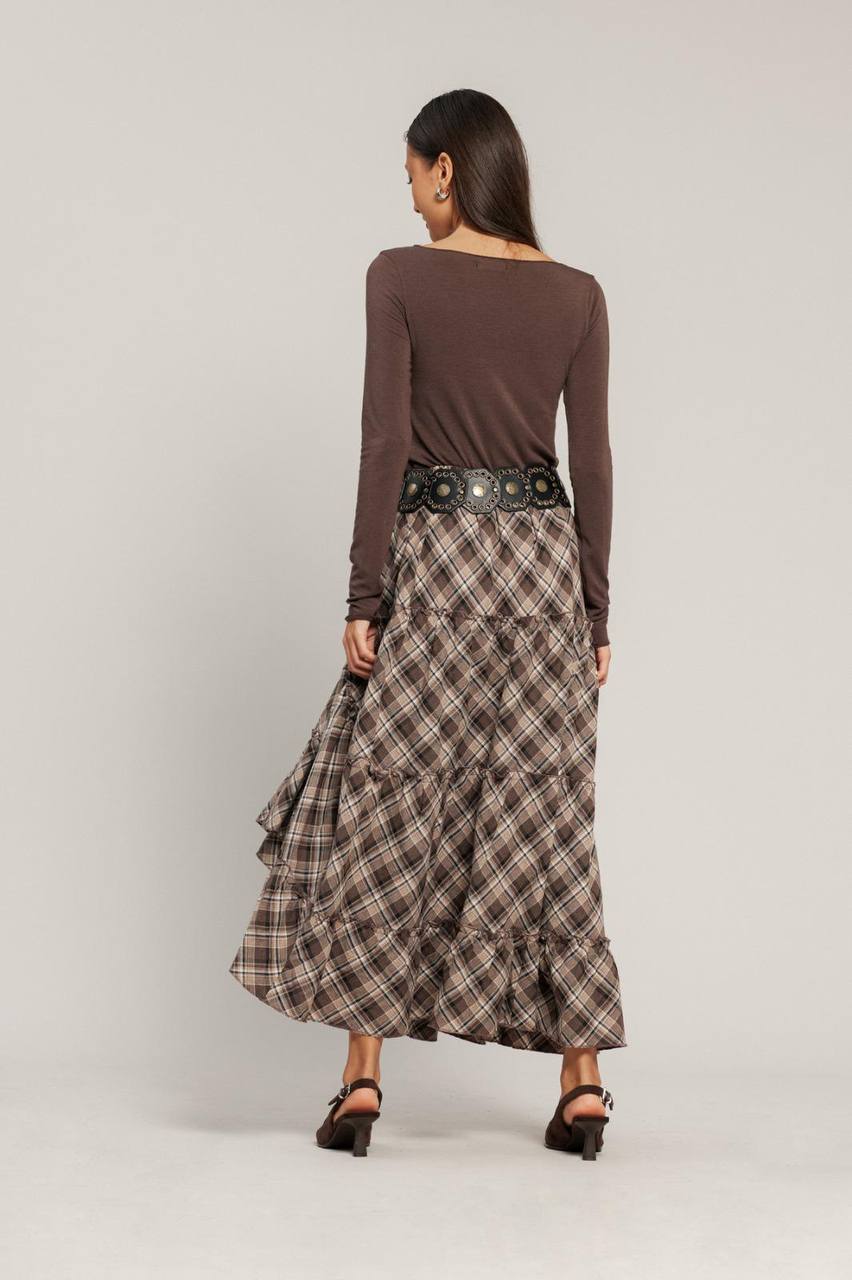 Jupe Longue à Carreaux avec Ceinture Ornée