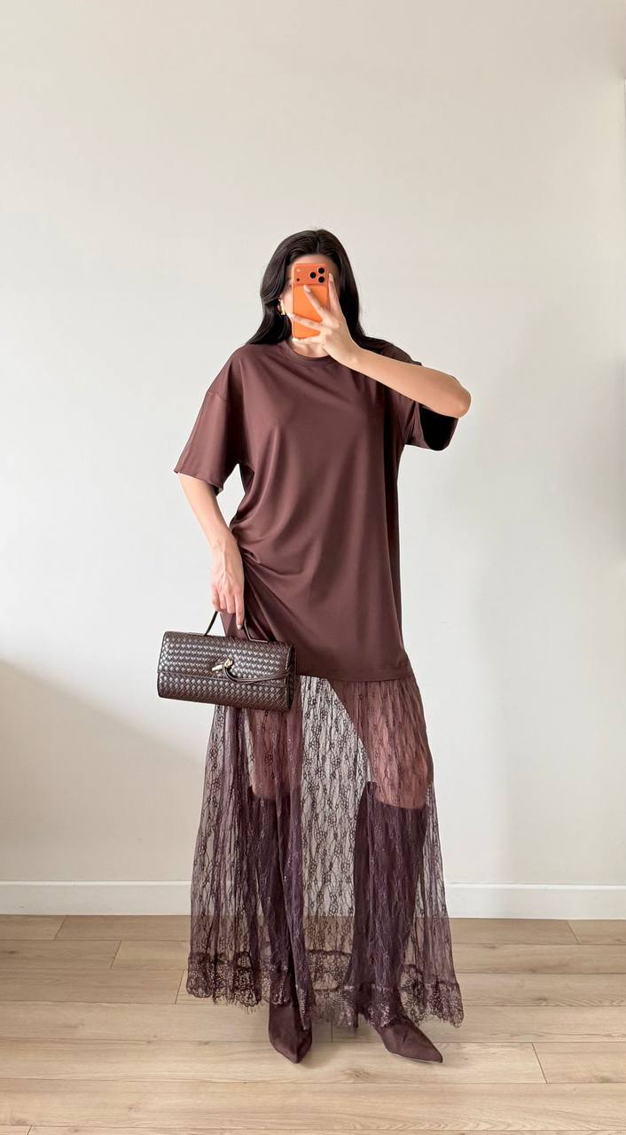 Robe T-Shirt Longue Dentelle Transparente