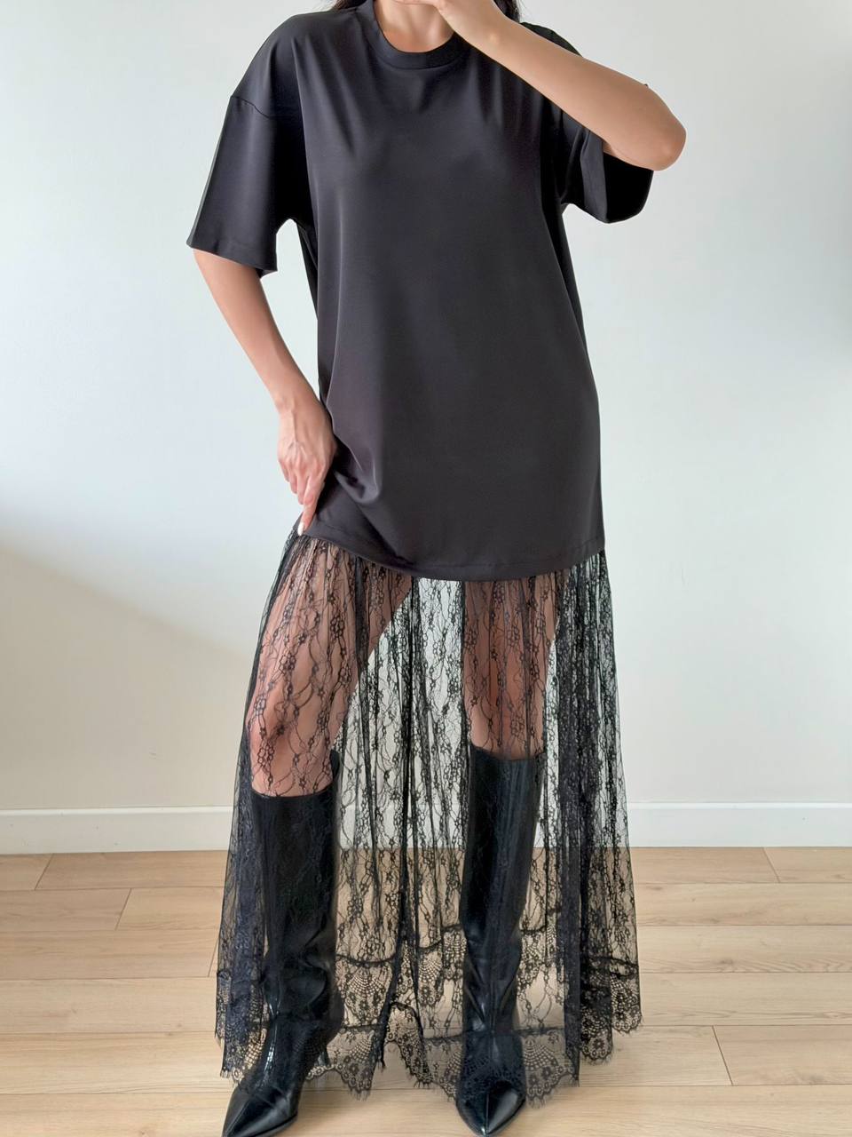 Robe T-Shirt Longue Dentelle Transparente