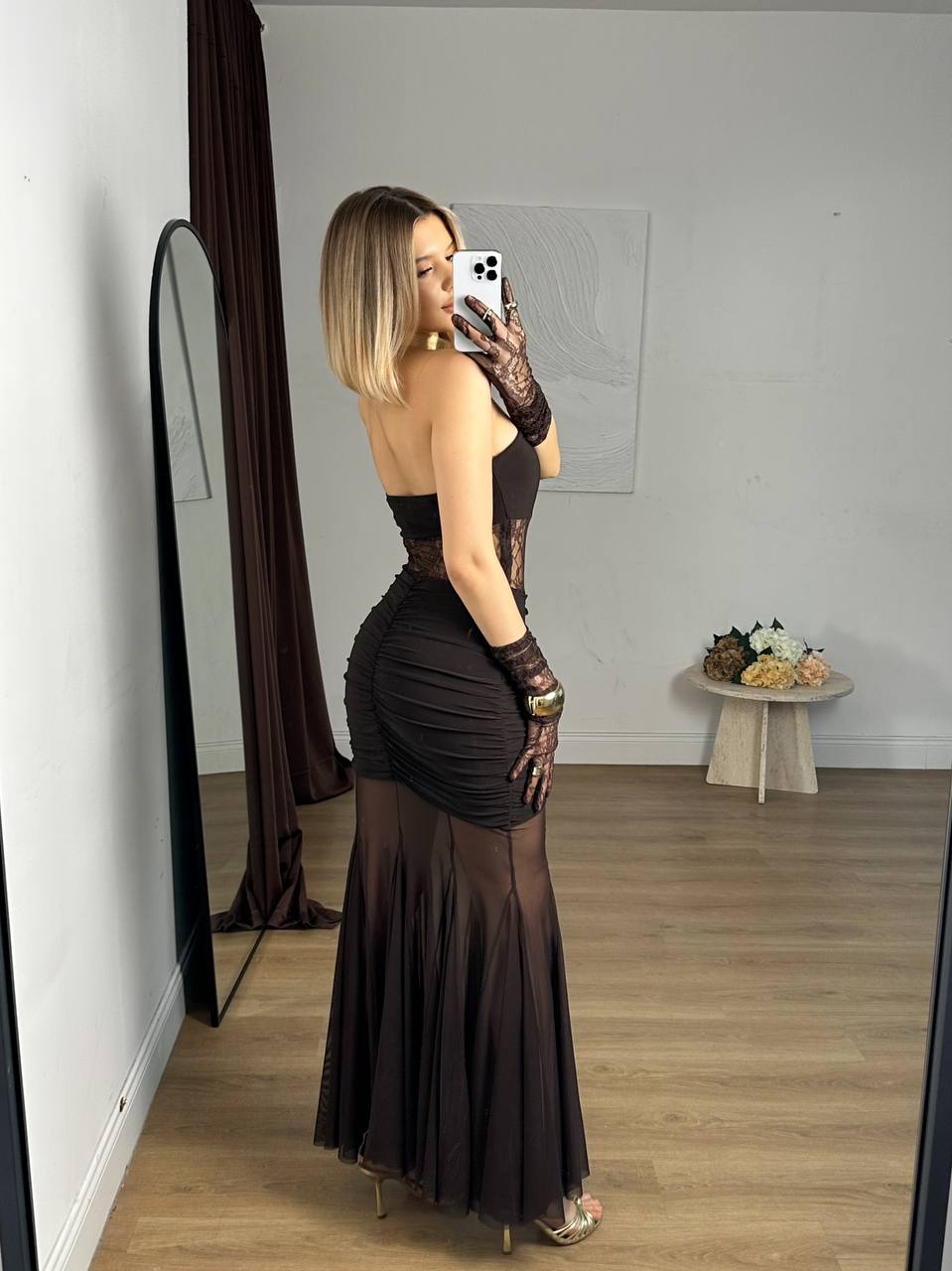 Robe Longue Bustier Dentelle Transparente