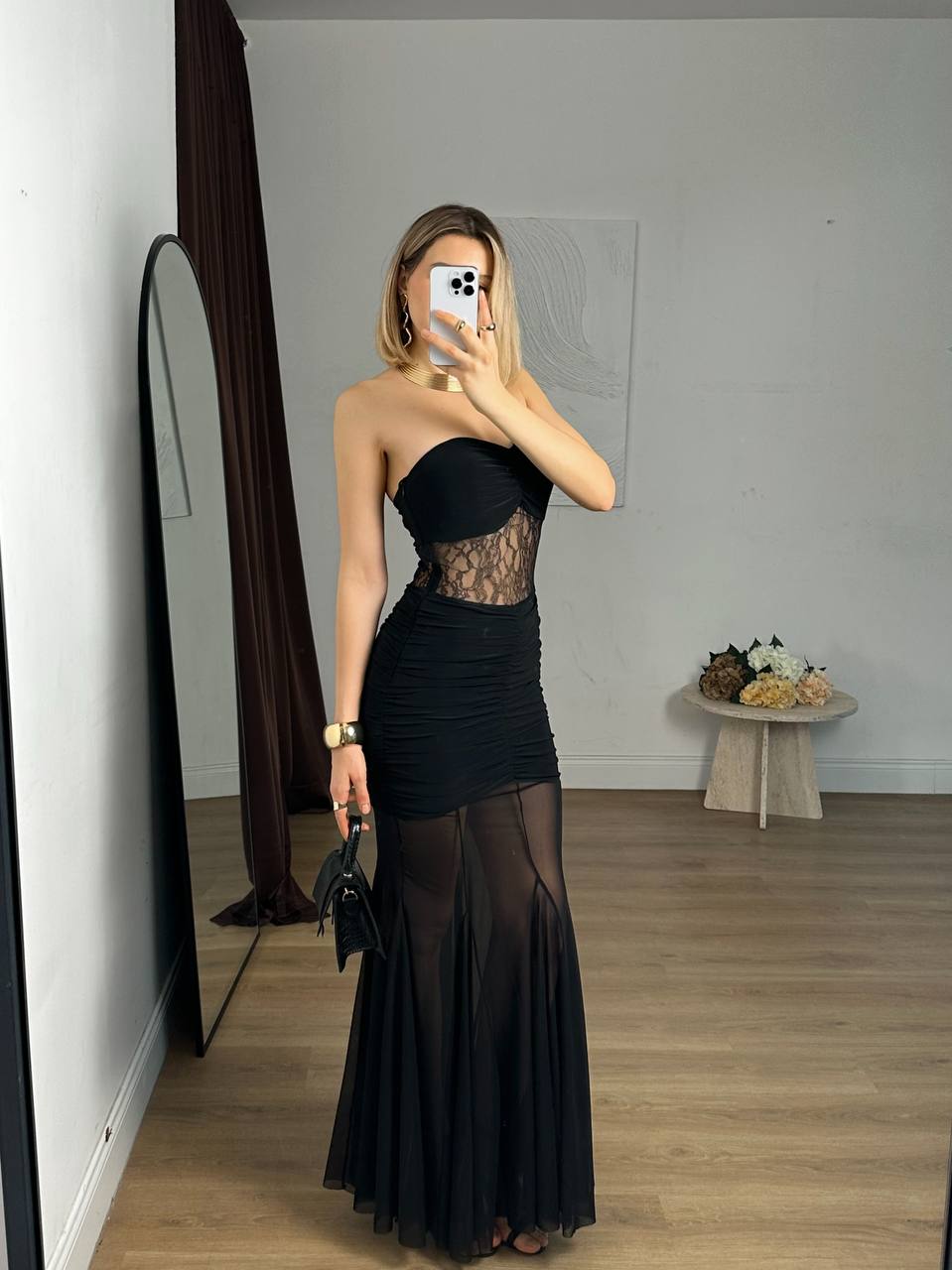 Robe Longue Bustier Dentelle Transparente