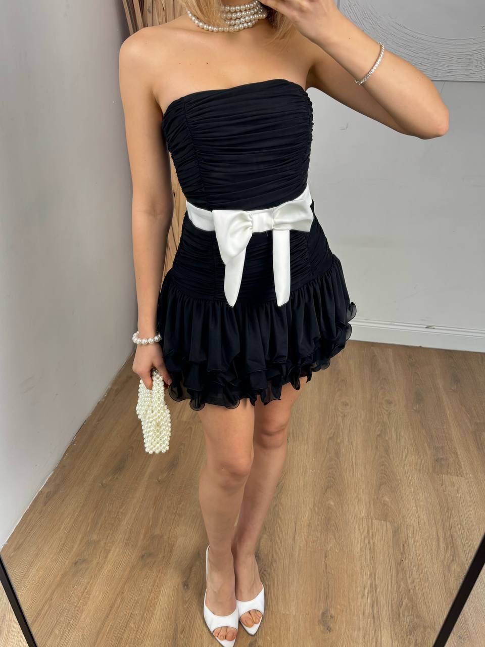 Robe Bustier Volants - Ceinture Nœud Contrastante