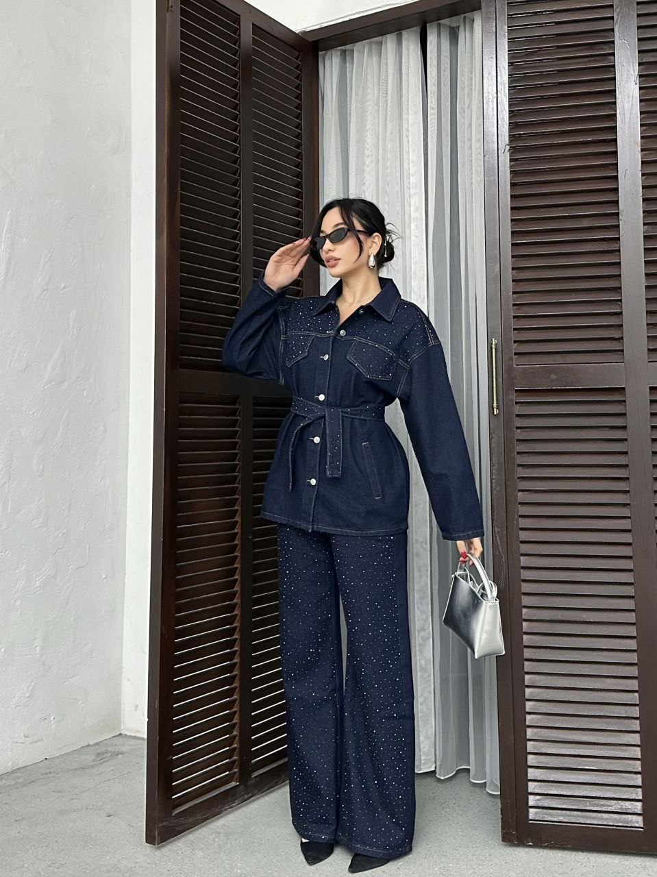 Lana Ensemble Jean Strass Bleu Marine - Veste Ceinturée et Pantalon Large