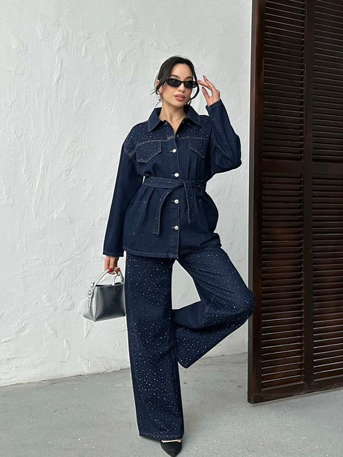 Lana Ensemble Jean Strass Bleu Marine - Veste Ceinturée et Pantalon Large