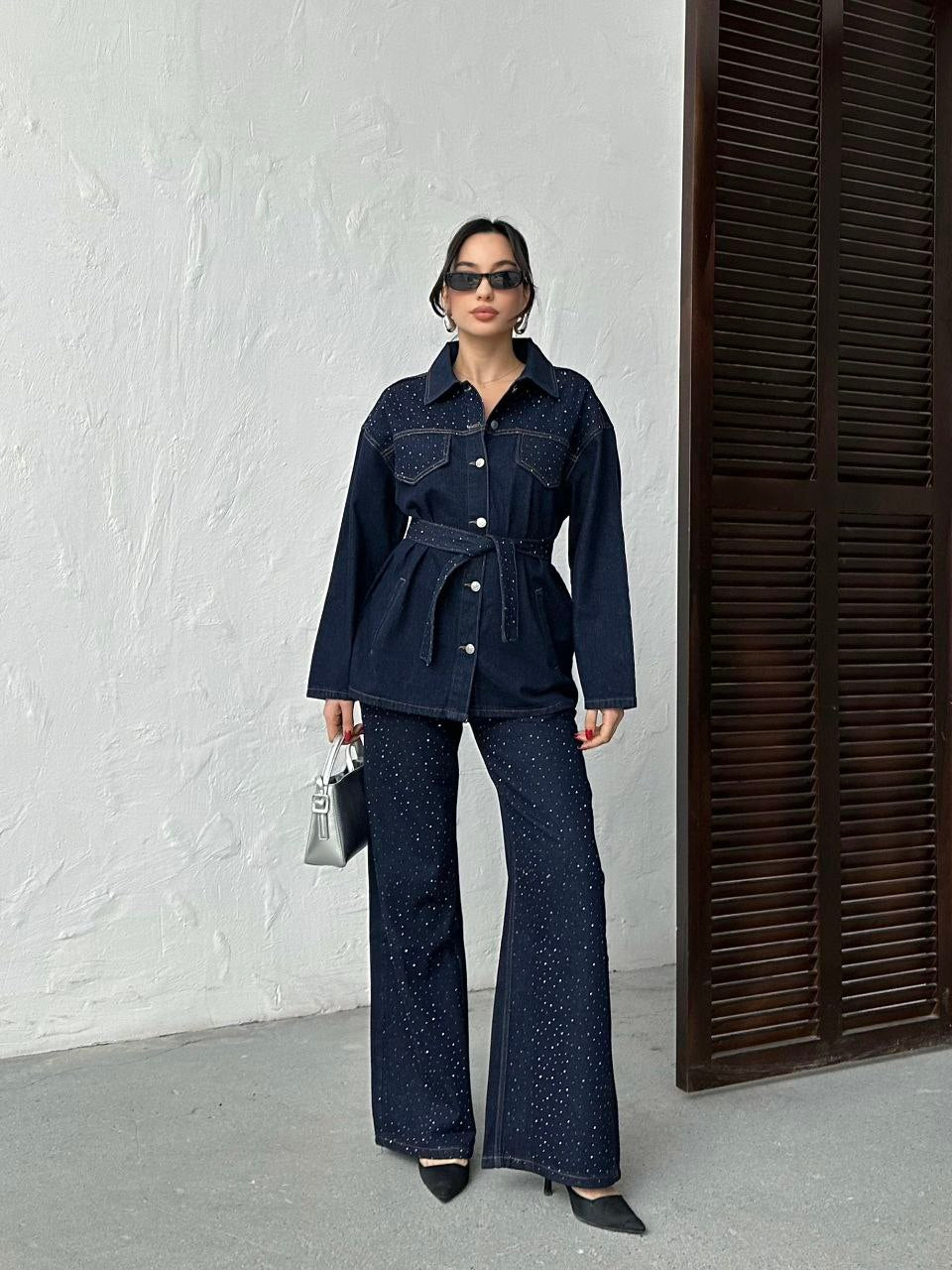 Lana Ensemble Jean Strass Bleu Marine - Veste Ceinturée et Pantalon Large