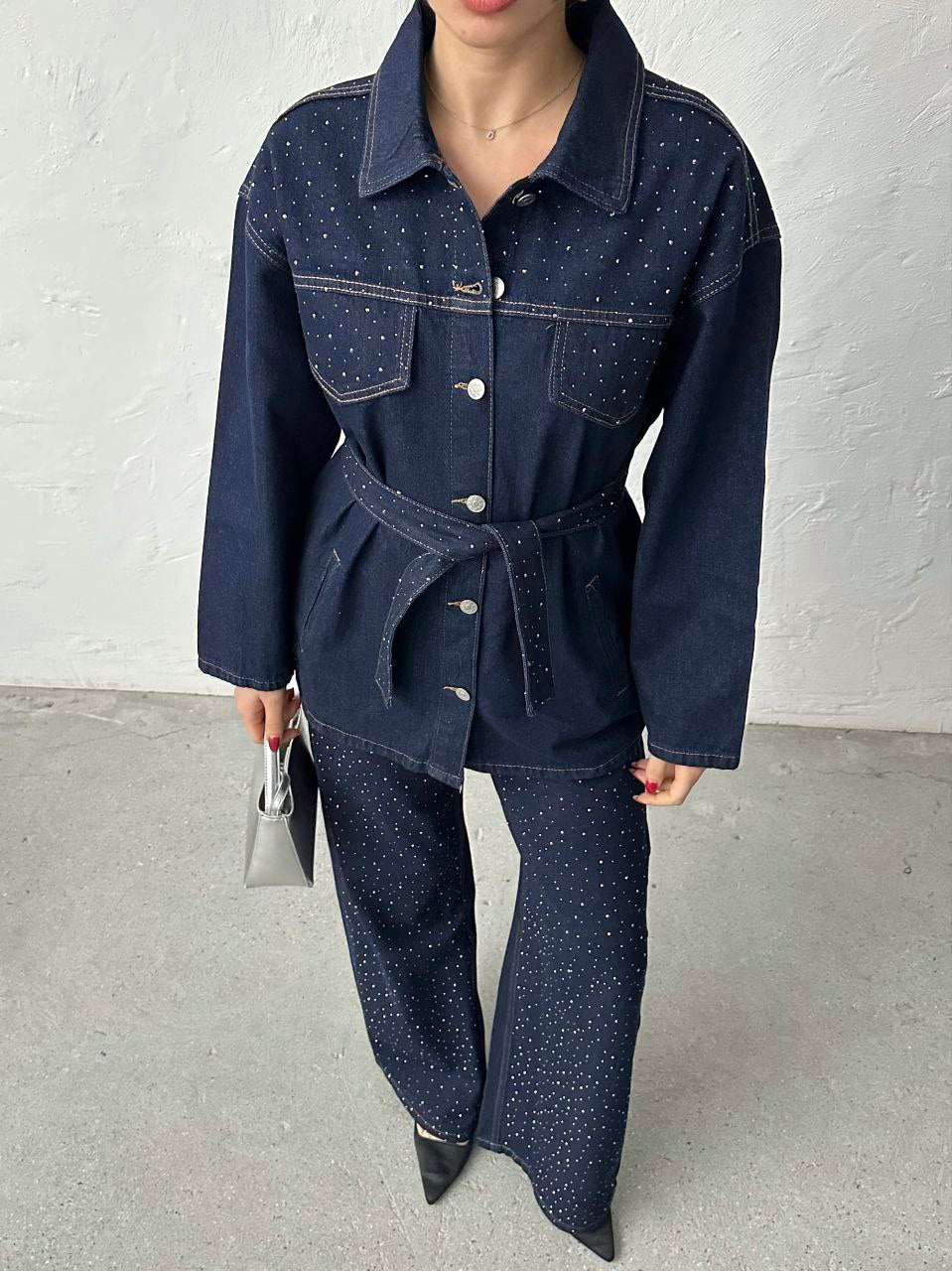 Lana Ensemble Jean Strass Bleu Marine - Veste Ceinturée et Pantalon Large