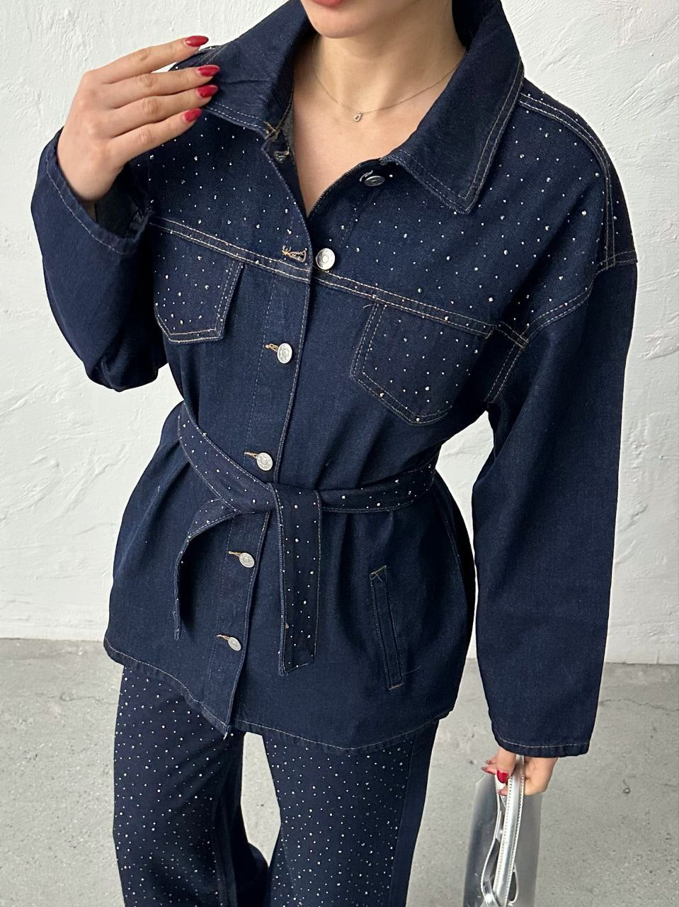 Lana Ensemble Jean Strass Bleu Marine - Veste Ceinturée et Pantalon Large