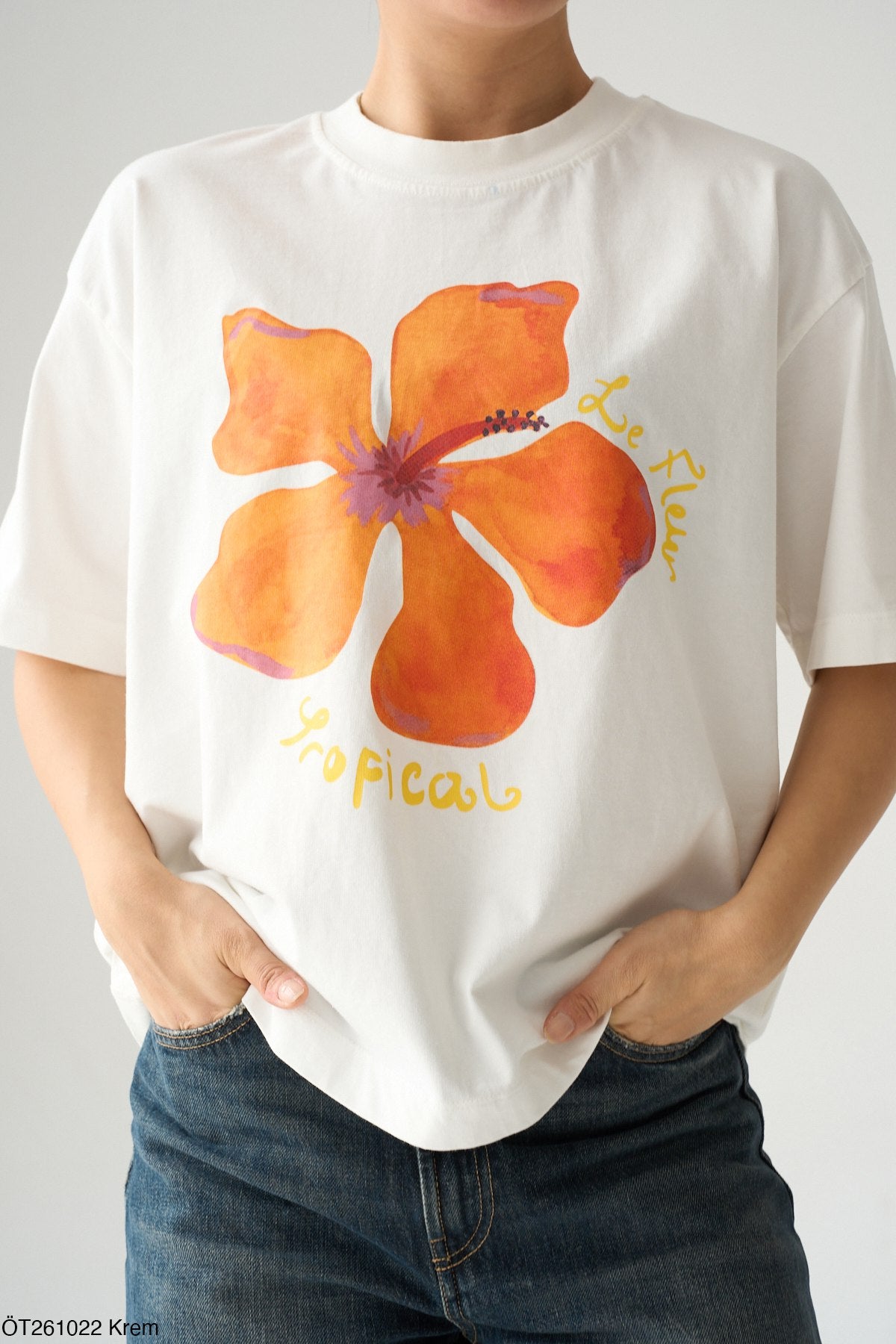 Qios T-shirt Blanc Oversize 100% Coton Tropical Hibiscus Orange