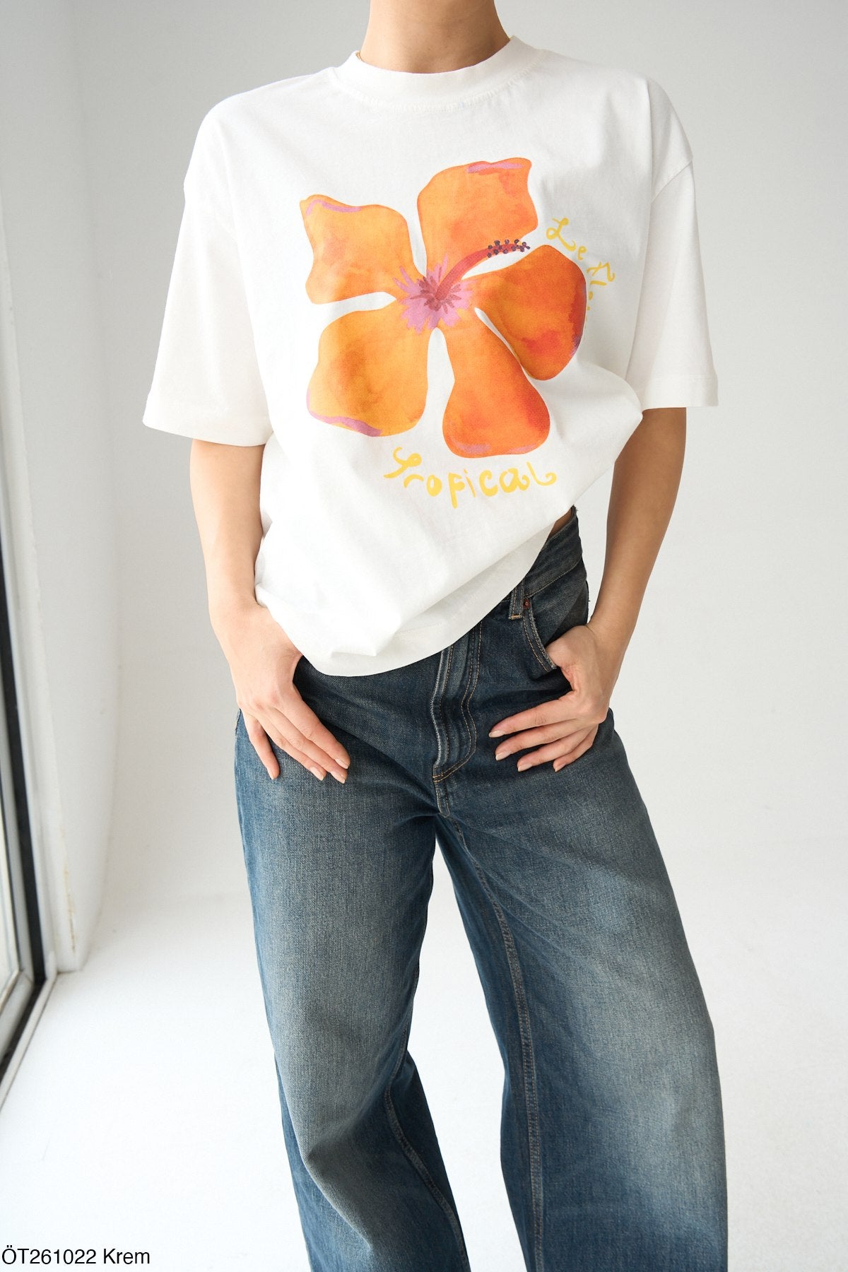 Qios T-shirt Blanc Oversize 100% Coton Tropical Hibiscus Orange