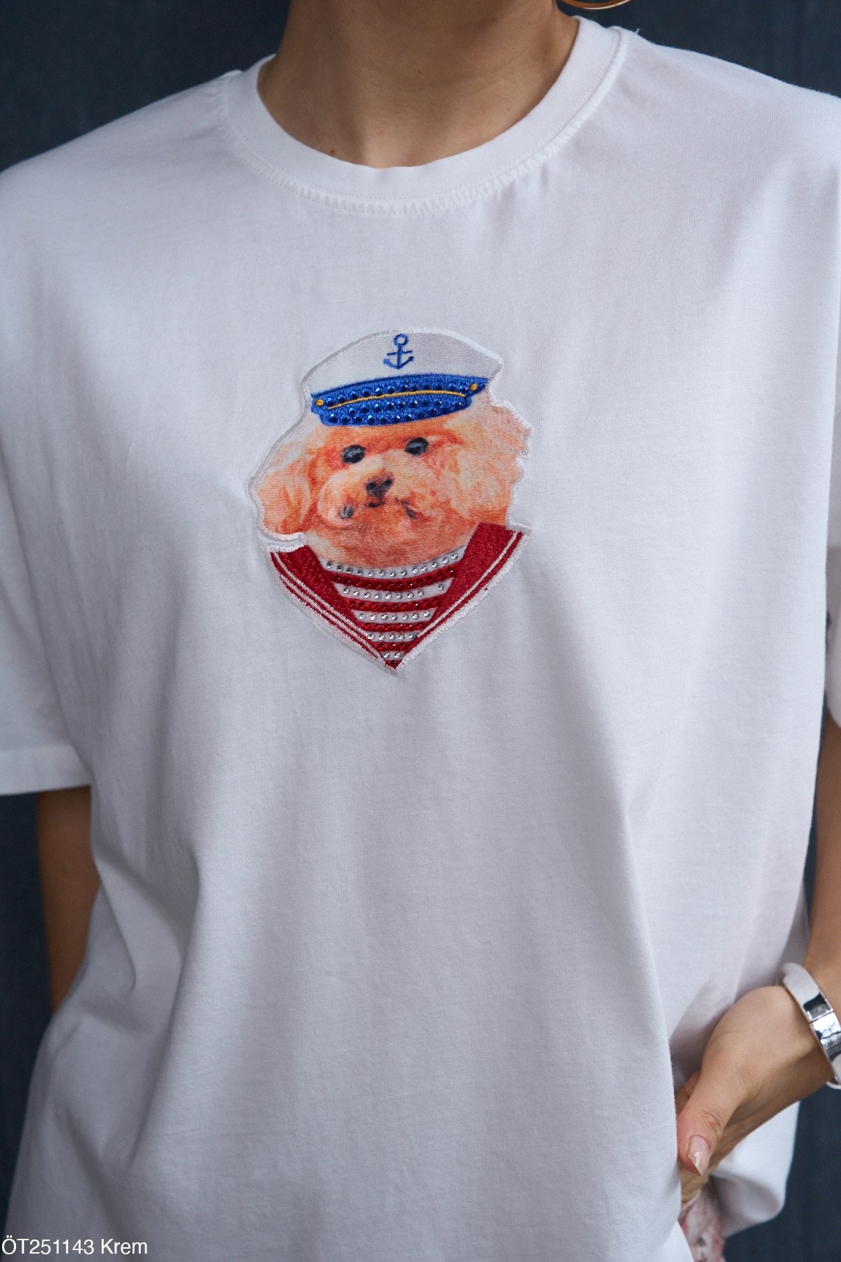 Quori T-shirt Oversize Blanc 100% Coton Chien Marin Brodé