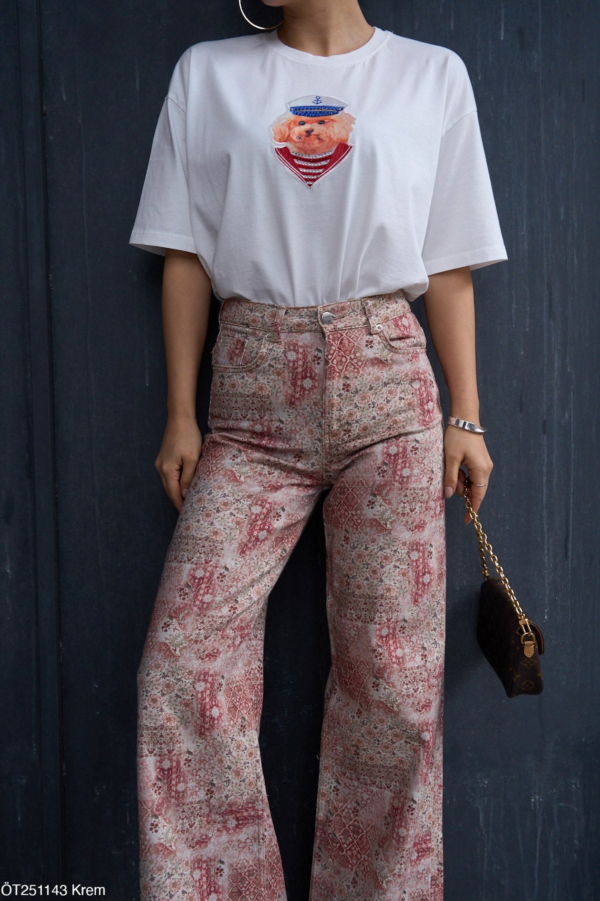 Quori T-shirt Oversize Blanc 100% Coton Chien Marin Brodé