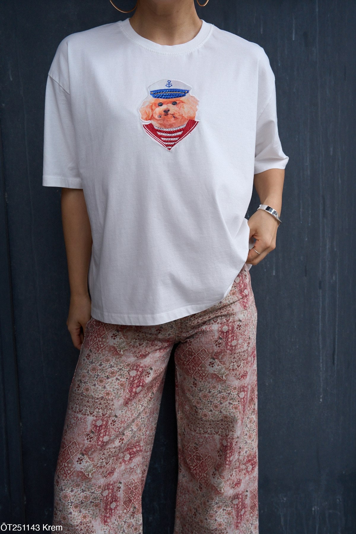 Quori T-shirt Oversize Blanc 100% Coton Chien Marin Brodé