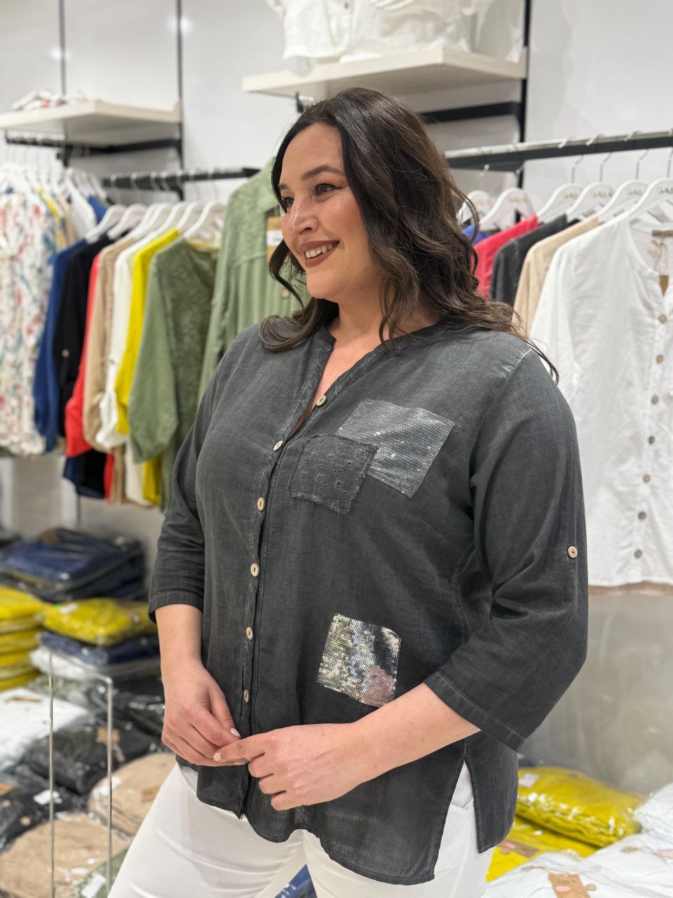 100% Coton Chemise Lin Manches 3/4 Détails Paillettes Poche Brodée