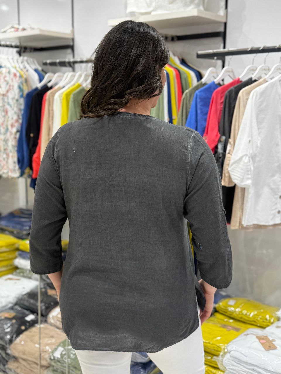 100% Coton Chemise Lin Manches 3/4 Détails Paillettes Poche Brodée