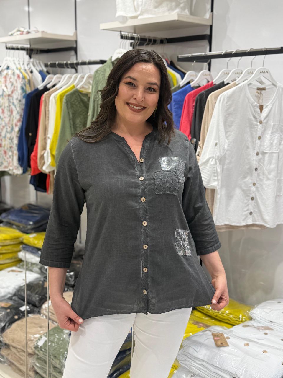 100% Coton Chemise Lin Manches 3/4 Détails Paillettes Poche Brodée