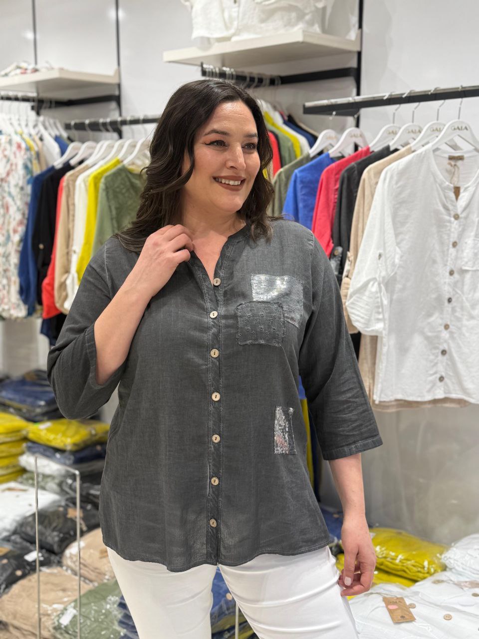 100% Coton Chemise Lin Manches 3/4 Détails Paillettes Poche Brodée