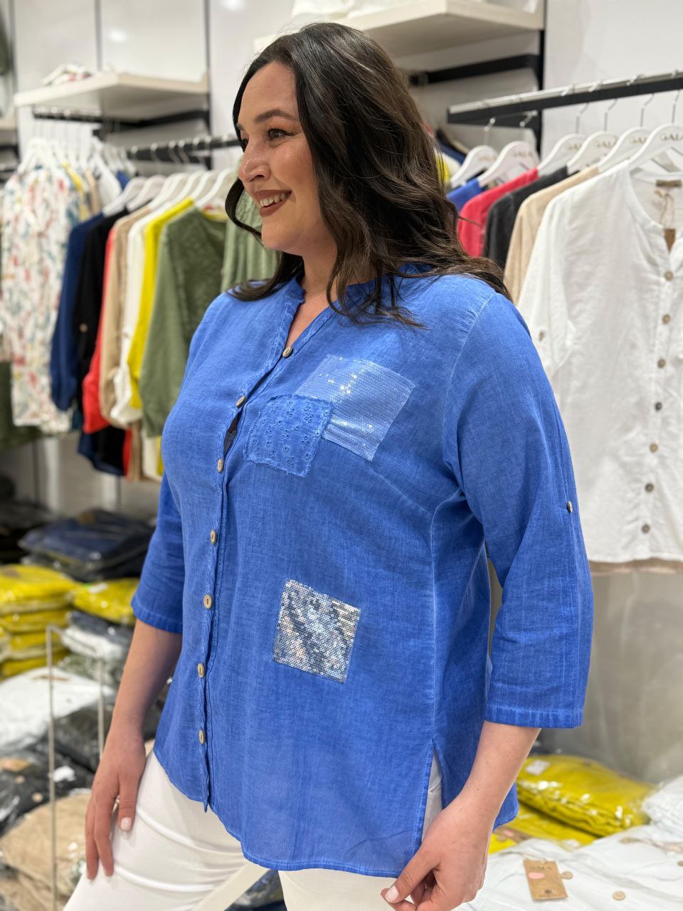 100% Coton Chemise Lin Manches 3/4 Détails Paillettes Poche Brodée