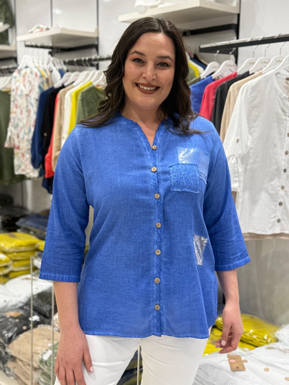 100% Coton Chemise Lin Manches 3/4 Détails Paillettes Poche Brodée