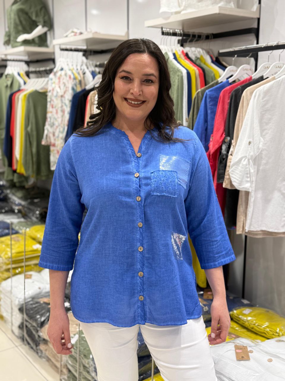 100% Coton Chemise Lin Manches 3/4 Détails Paillettes Poche Brodée