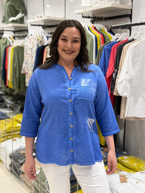 100% Coton Chemise Lin Manches 3/4 Détails Paillettes Poche Brodée