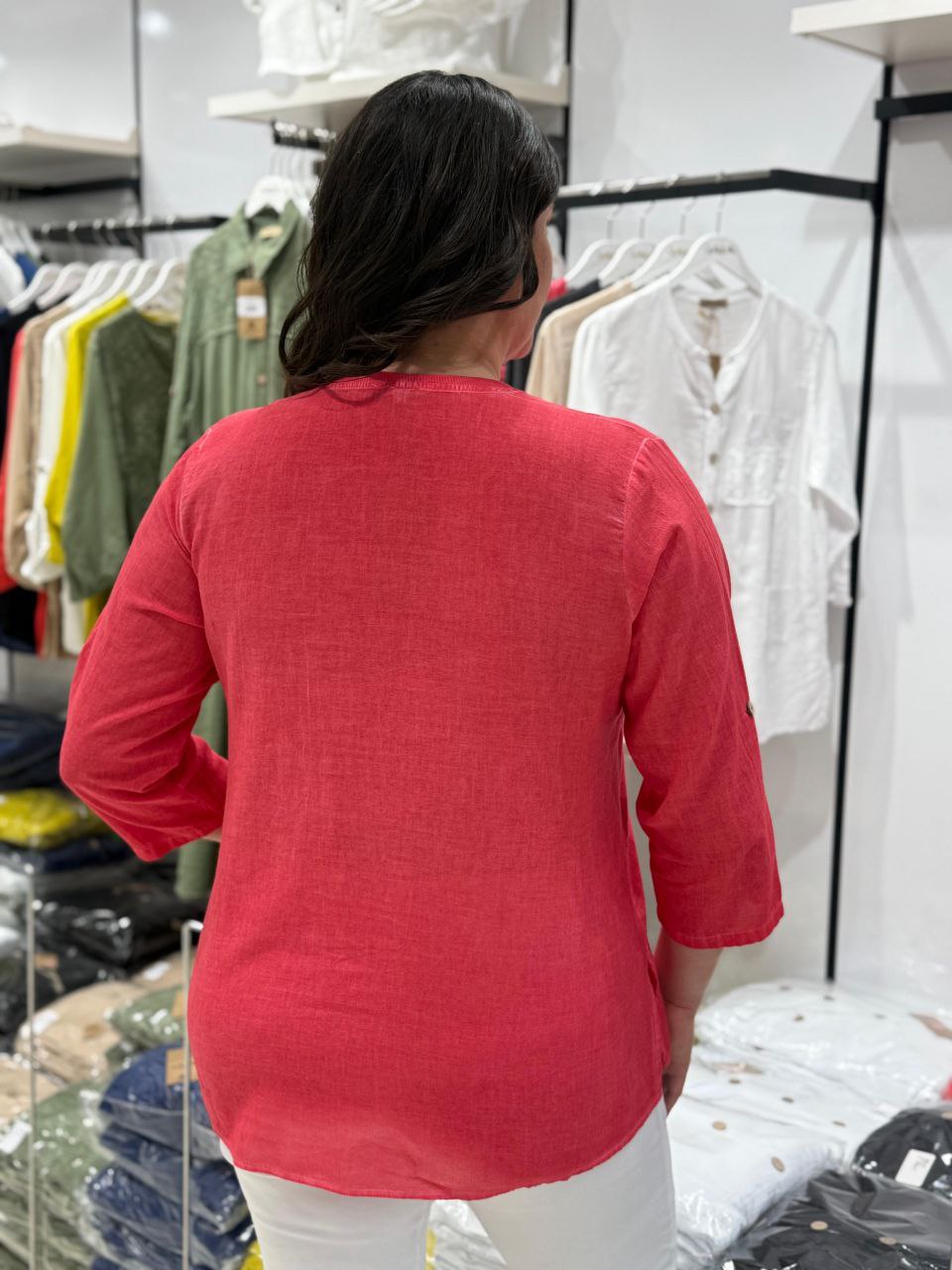 100% Coton Chemise Lin Manches 3/4 Détails Paillettes Poche Brodée