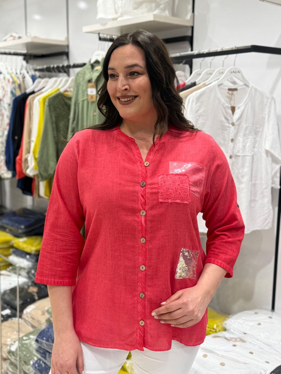 100% Coton Chemise Lin Manches 3/4 Détails Paillettes Poche Brodée