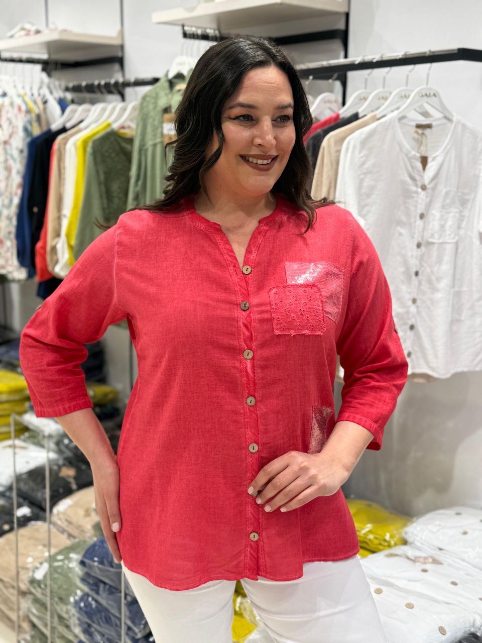 100% Coton Chemise Lin Manches 3/4 Détails Paillettes Poche Brodée