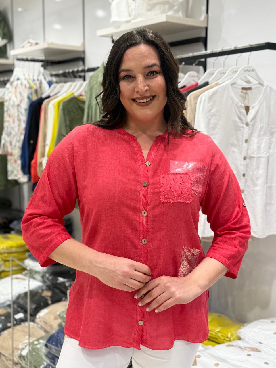 100% Coton Chemise Lin Manches 3/4 Détails Paillettes Poche Brodée