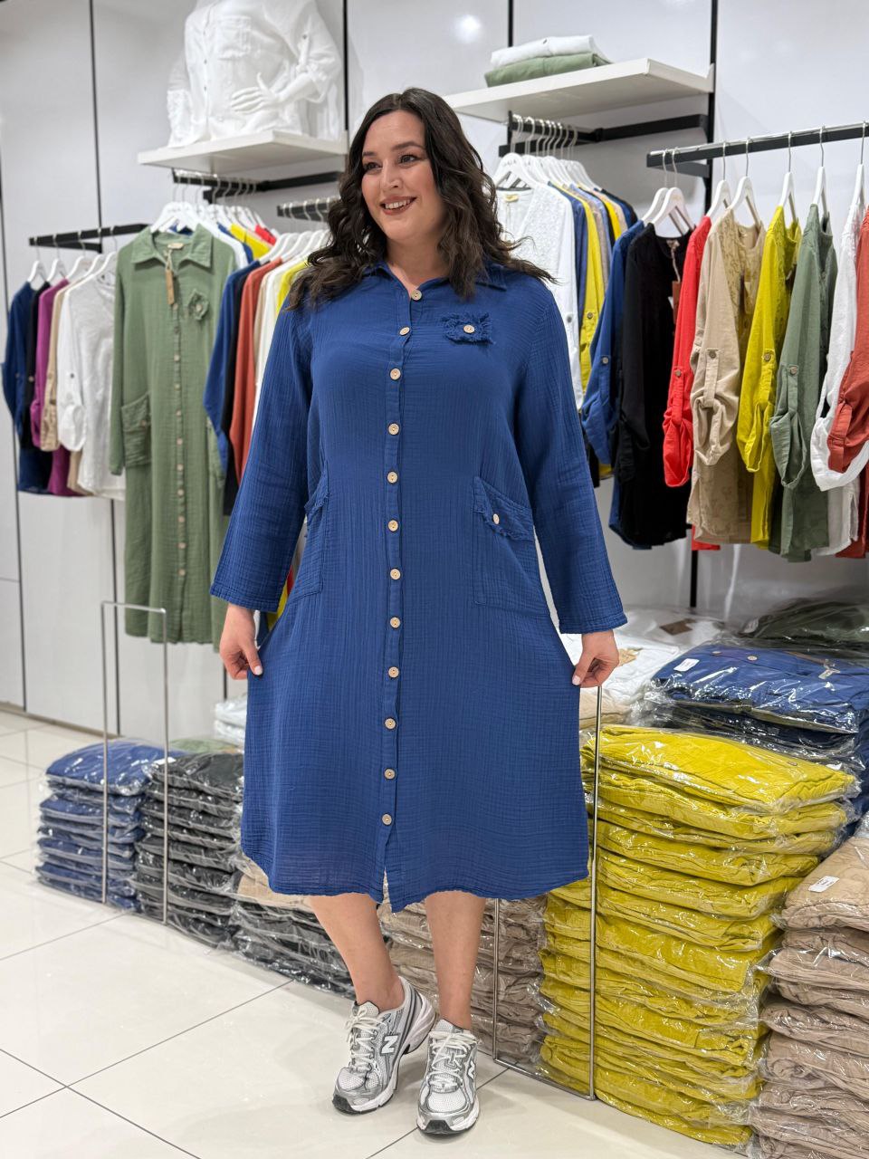 Robe Chemise 100% Coton Mousseline Poches Boutons Détails Dos