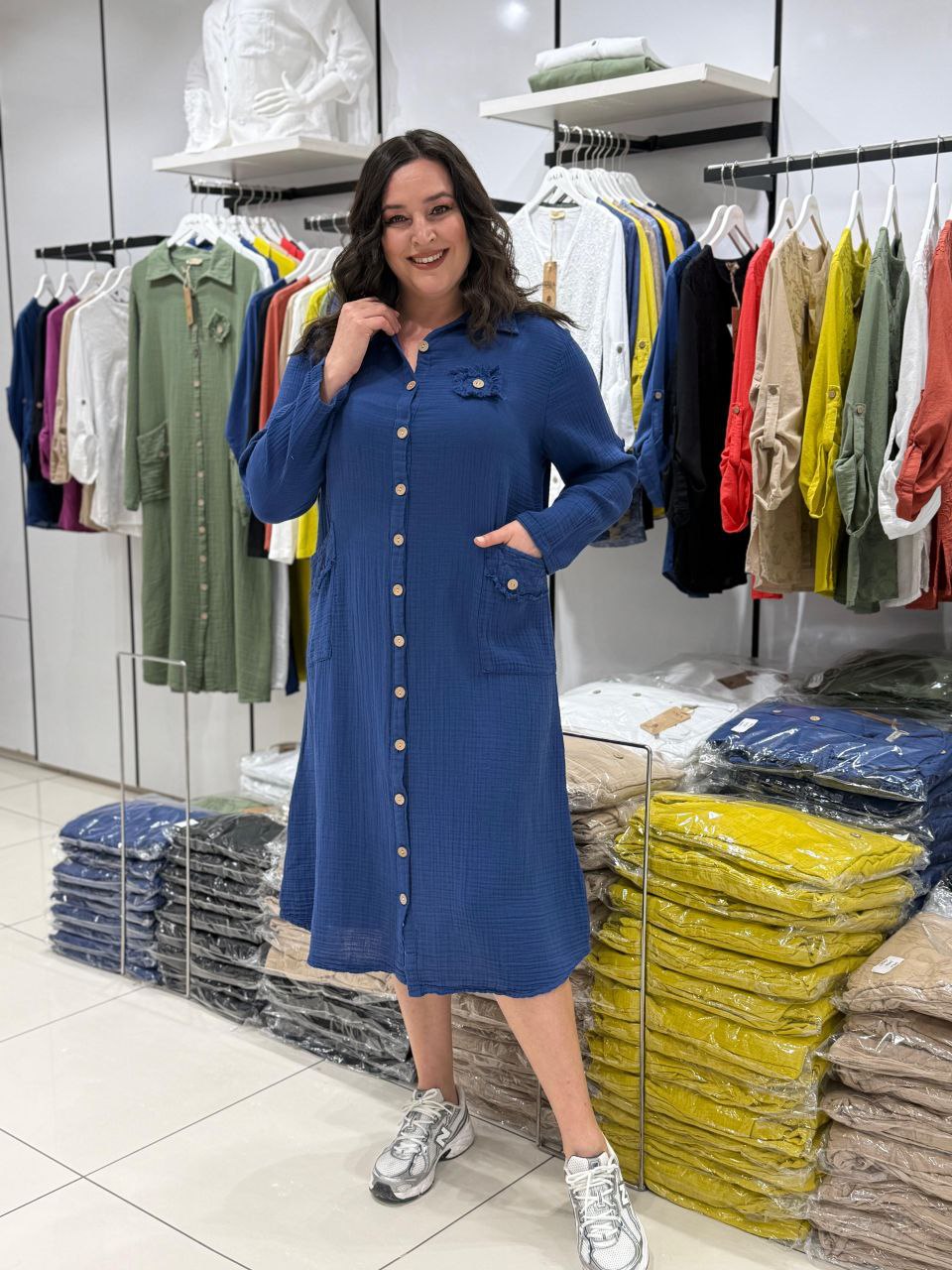 Robe Chemise 100% Coton Mousseline Poches Boutons Détails Dos