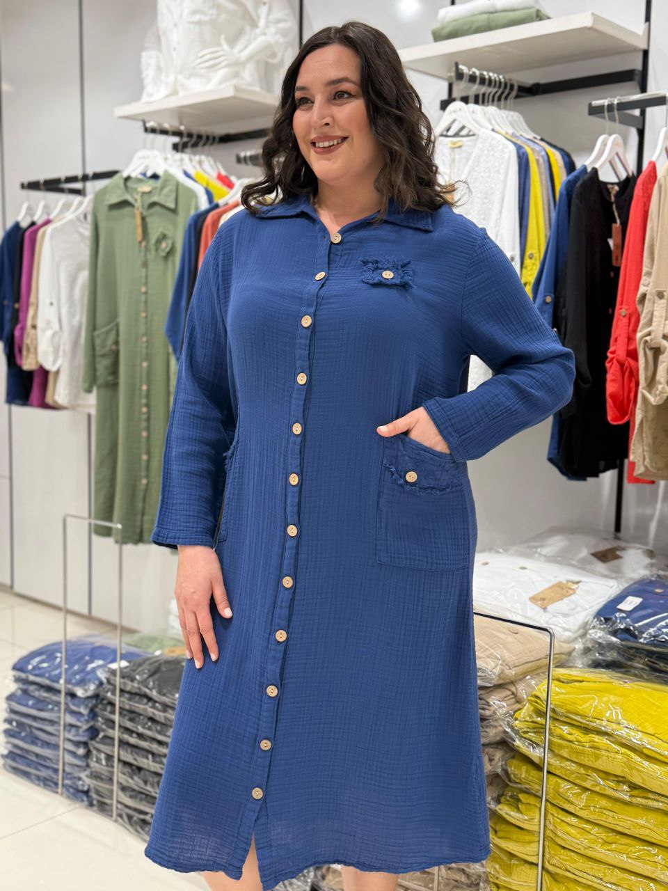 Robe Chemise 100% Coton Mousseline Poches Boutons Détails Dos