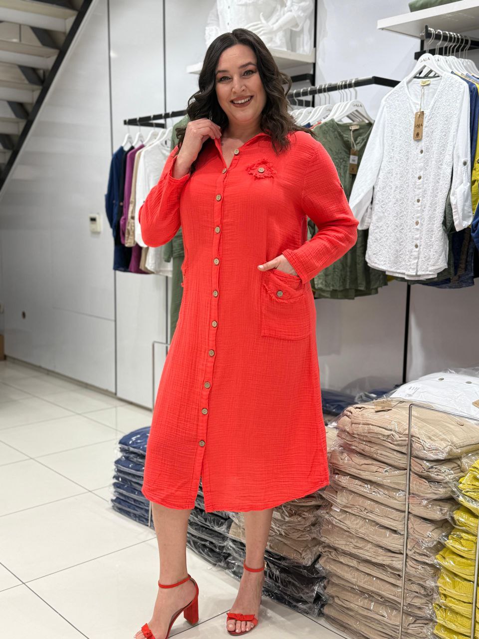 Robe Chemise 100% Coton Mousseline Poches Boutons Détails Dos